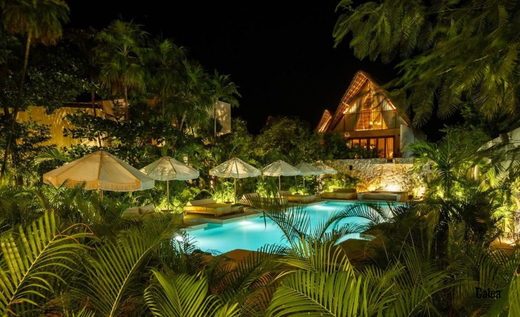Tranquil pool scene at night, framed by vegetation and a cozy A-frame cabin.