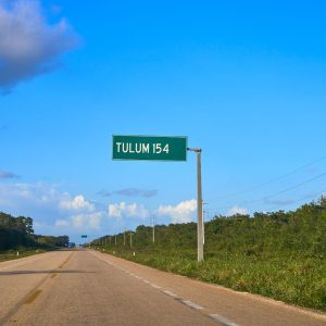 Highway to Tulum with tropical vegetation and clear skies in the background