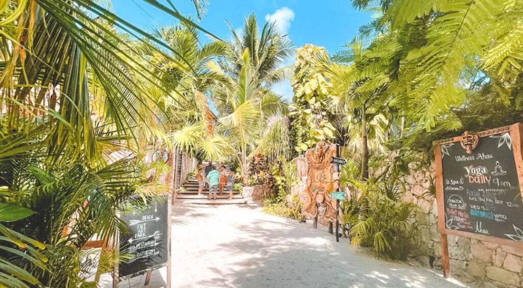 Daytime view of a quiet street in La Veleta, Tulum, with tropical trees, modern buildings, and a relaxed atmosphere.