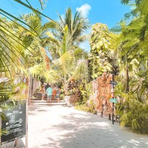 Daytime view of a quiet street in La Veleta, Tulum, with tropical trees, modern buildings, and a relaxed atmosphere.